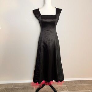 VTG 90s Black Satin Prom Gown Pink Tulle Hem Evening Formal USA Glam Rock Punk S